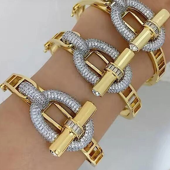 Gold Zircon Bangle Bracelet Two Finger Ring Set Luxury 18K Gold Plated - Picture 14 of 15